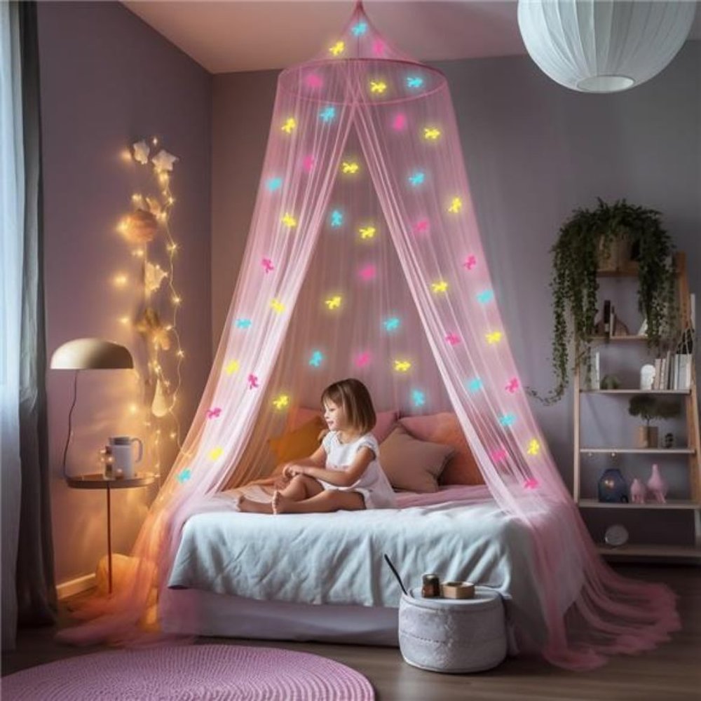 Pink Canopy for Girls Bed with Pre-Glued Glow in the Dark Unicorns - Princess